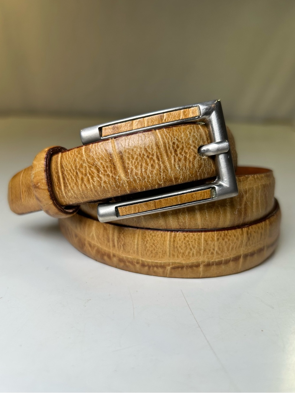 Araldi Made in Italy Tan Genuine Leather Belt Silver/Leather Inlay Buckle Size L